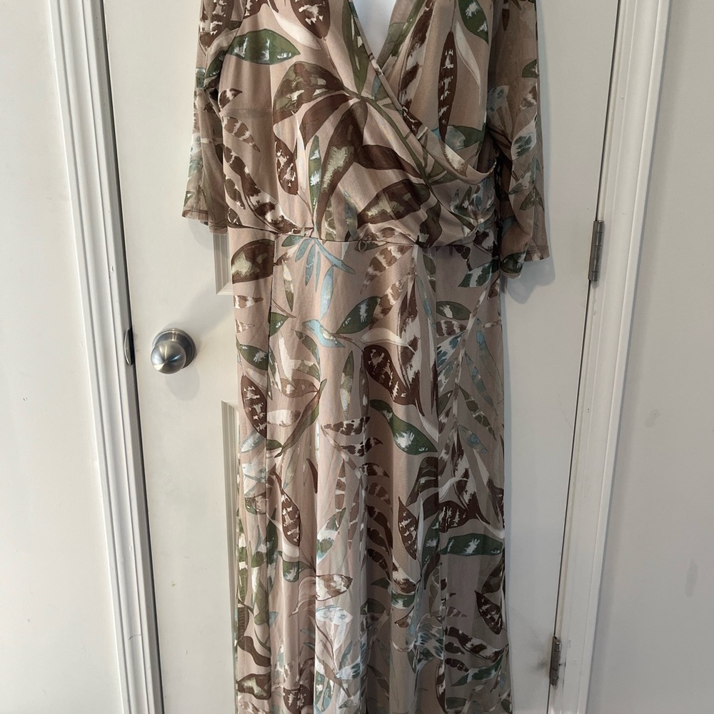 Neutral Leaf-Print Maxi Dress with Faux-Wrap Bodice